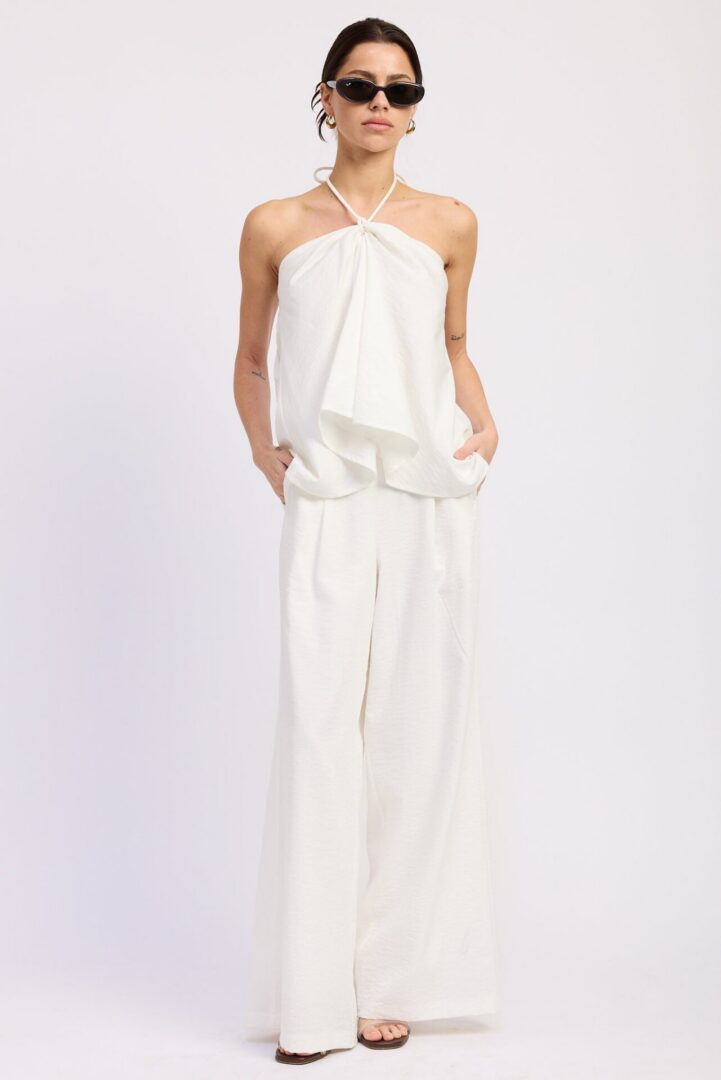 White Halter Neck Draped Flowy Tank Top for Women, Sleeveless Vacation, Resort & Summer Blouse
