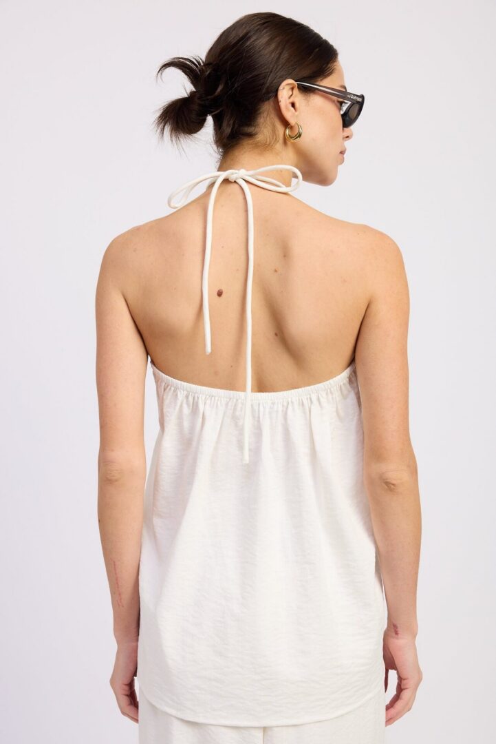 White Halter Neck Draped Flowy Tank Top for Women, Sleeveless Vacation, Resort & Summer Blouse 2