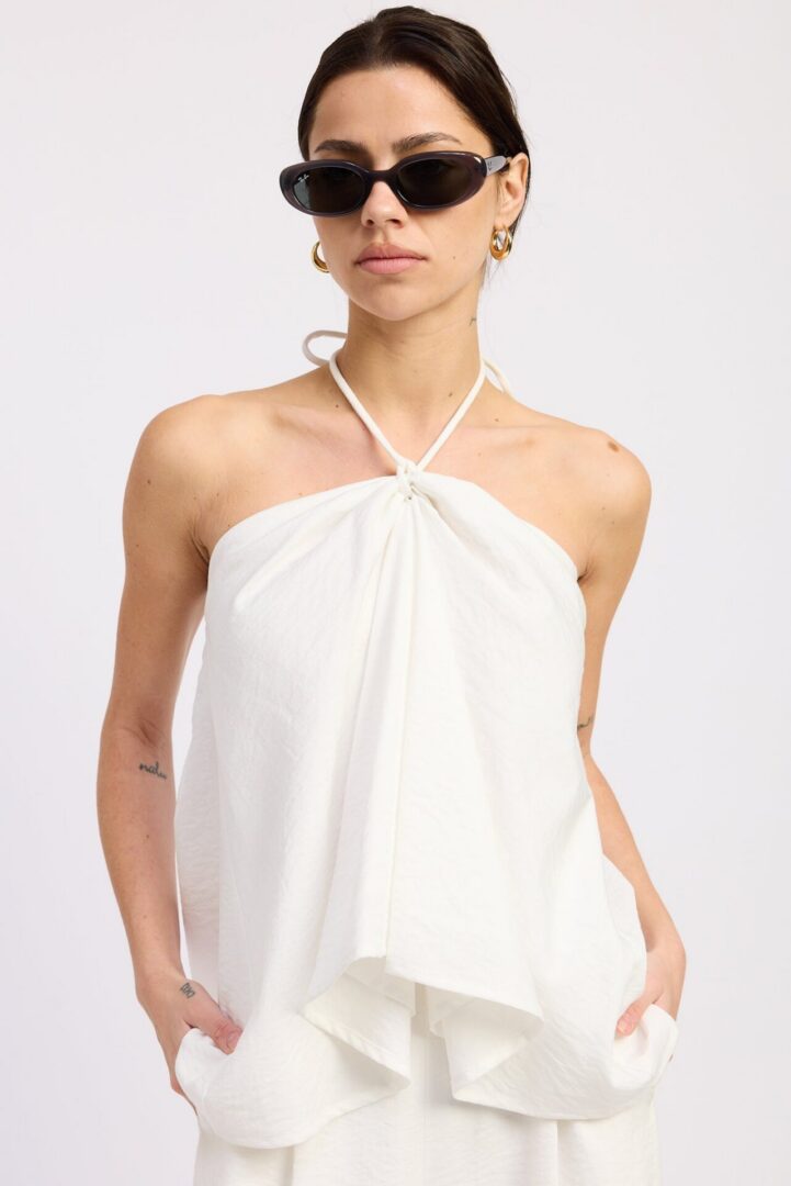 White Halter Neck Draped Flowy Tank Top for Women, Sleeveless Vacation, Resort & Summer Blouse 4