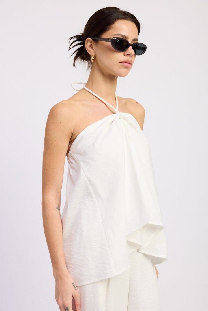 White Halter Neck Draped Flowy Tank Top for Women, Sleeveless Vacation, Resort & Summer Blouse 3