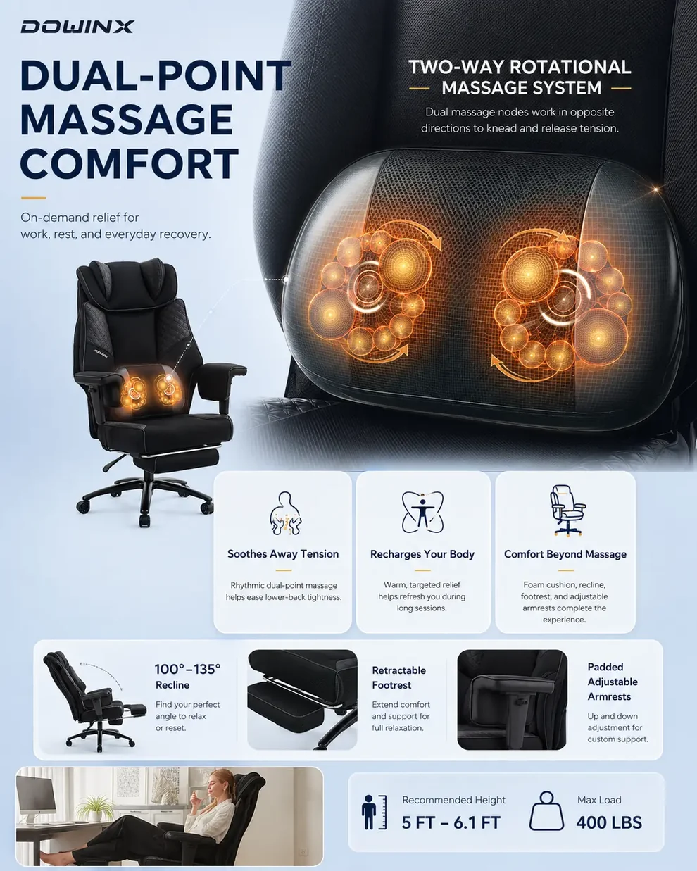 Office Chair QL-66B3 -Black– Big & Tall Massage Boss Chair for Work & Relax | Dowinx 3