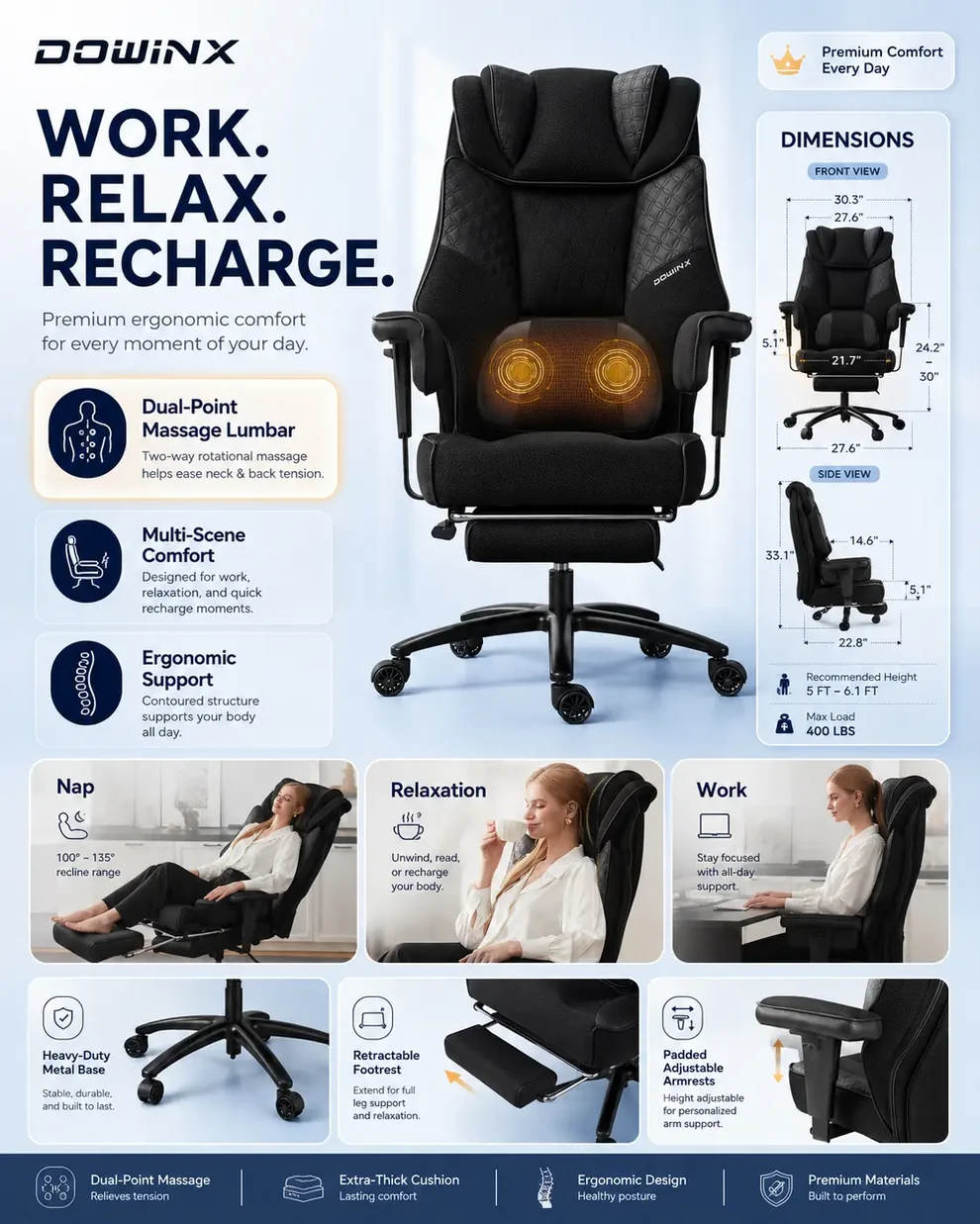 Office Chair QL-66B3 -Black– Big & Tall Massage Boss Chair for Work & Relax | Dowinx 4